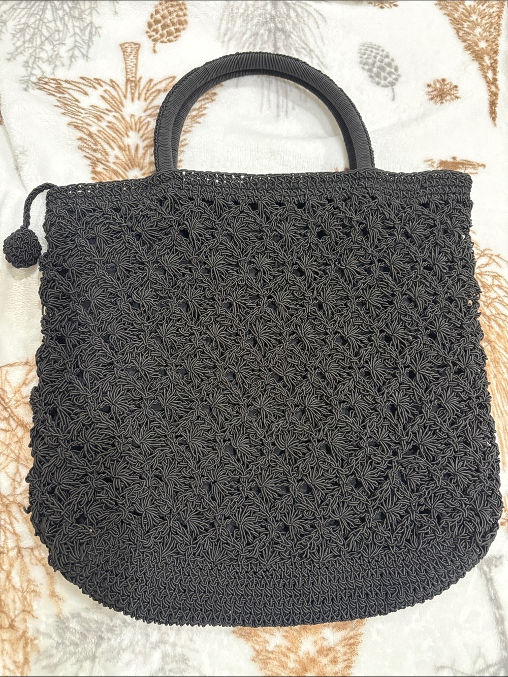 Handcrafted Y2K Black Crochet 2 handle hand bag tote zip closure pocket inside